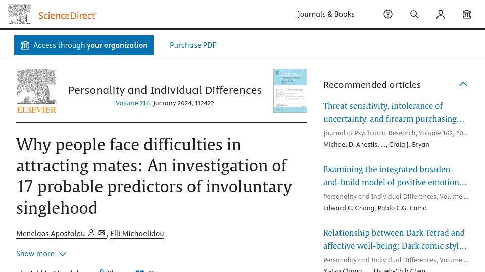 Screenshot of sciencedirect.com: Probable Predictors of Involuntary Singlehood