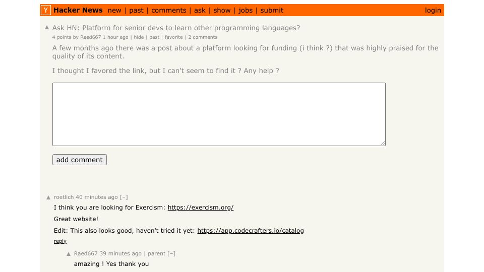 Screenshot of Hacker News post: Ask HN: Platform for senior devs to learn other programming languages?
