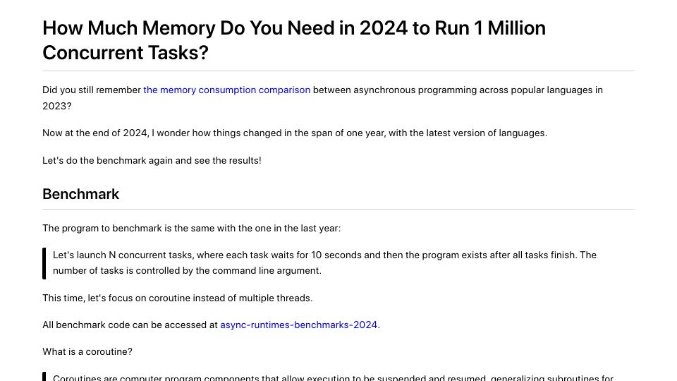 Screenshot of hez2010.github.io: How much memory do you need in 2024 to run 1M concurrent tasks?