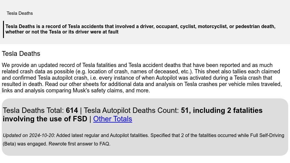 Screenshot of tesladeaths.com: An updated record of Tesla fatalities and Tesla accident deaths