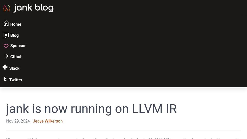 Screenshot of jank-lang.org: Jank is now running on LLVM IR