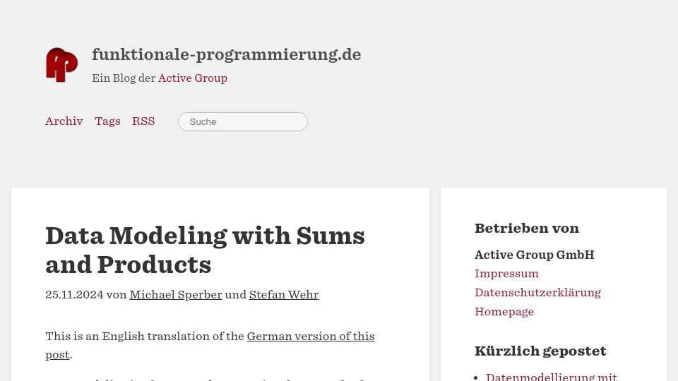 Screenshot of funktionale-programmierung.de: Data Modeling with Sums and Products