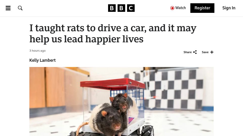 Screenshot of bbc.com: I taught rats to drive a car, and it may help us lead happier lives