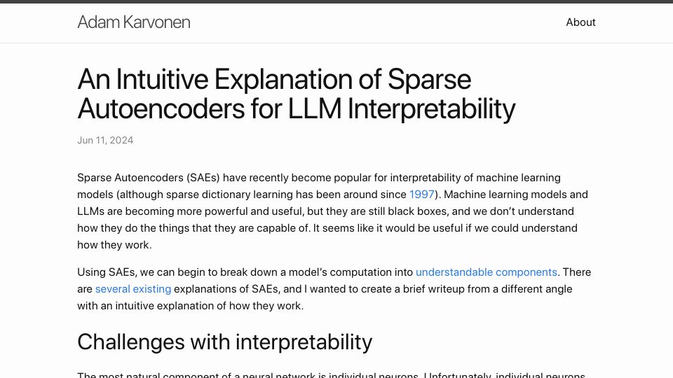 Screenshot of adamkarvonen.github.io: An Intuitive Explanation of Sparse Autoencoders for LLM Interpretability