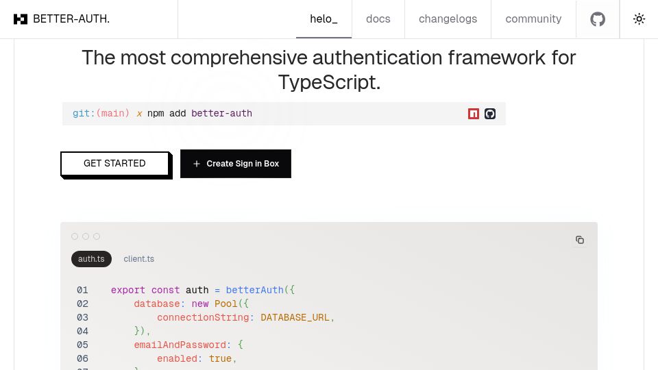 Screenshot of better-auth.com: Better Auth – Authentication library for TypeScript