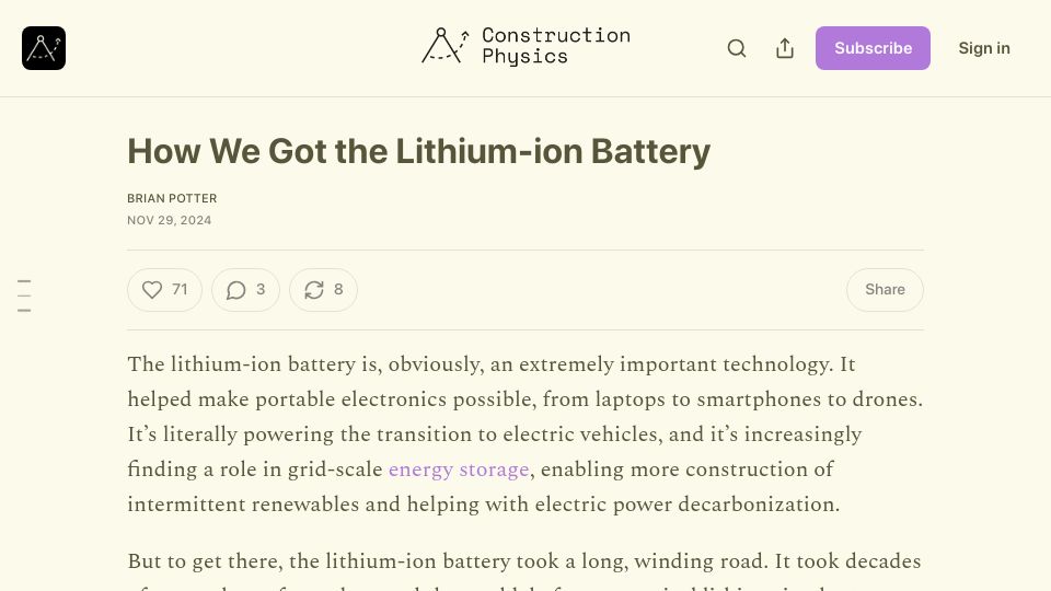 Screenshot of construction-physics.com: How We Got the Lithium-Ion Battery
