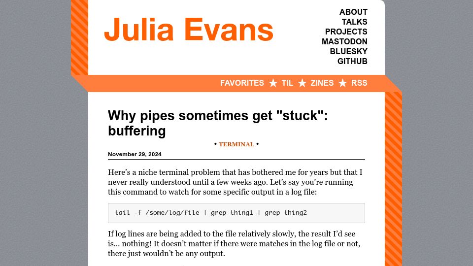 Screenshot of jvns.ca: Why pipes sometimes get "stuck": buffering