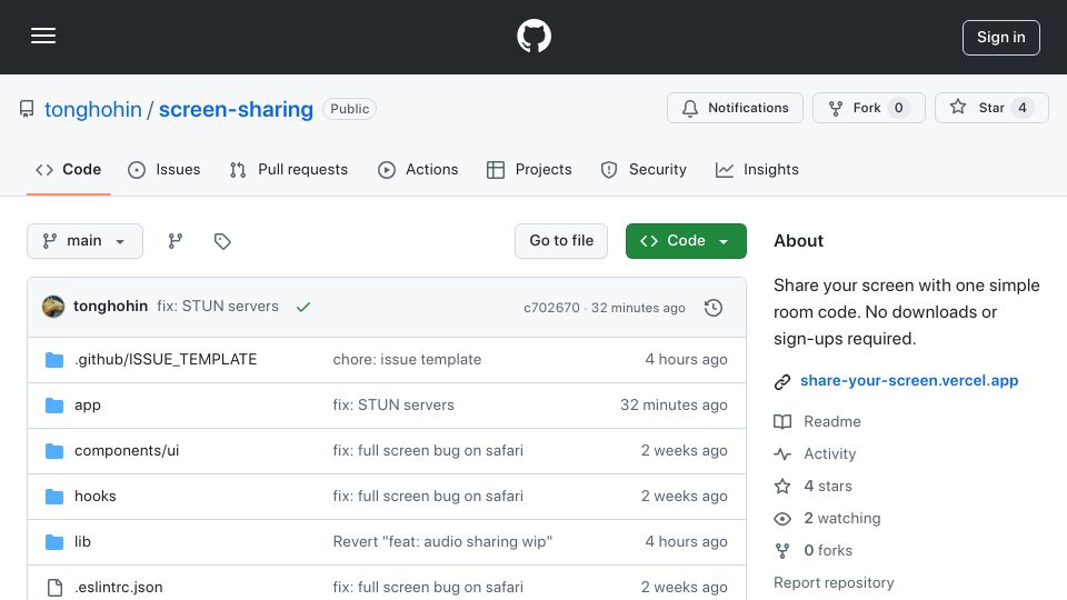 Screenshot of github.com: Show HN: Screen Sharing in the Browser