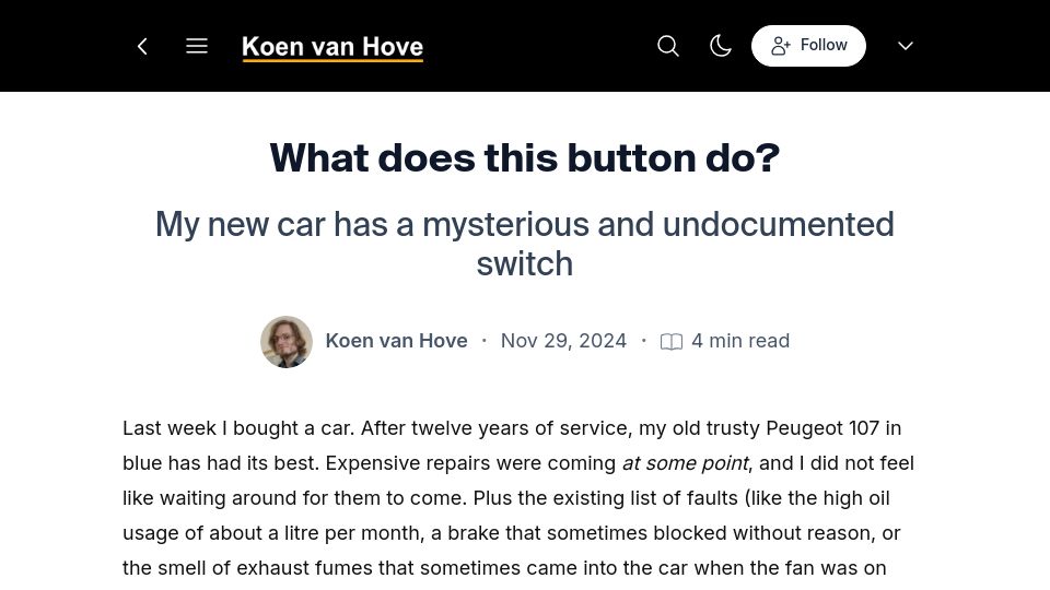 Screenshot of blog.koenvh.nl: What does this button do? – My new car has a mysterious and undocumented switch