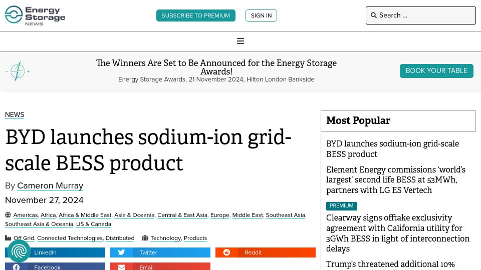 Screenshot of energy-storage.news: BYD launches sodium-ion grid-scale BESS product