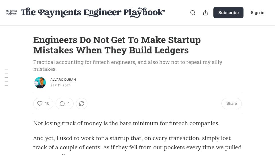 Screenshot of news.alvaroduran.com: Engineers do not get to make startup mistakes when they build ledgers