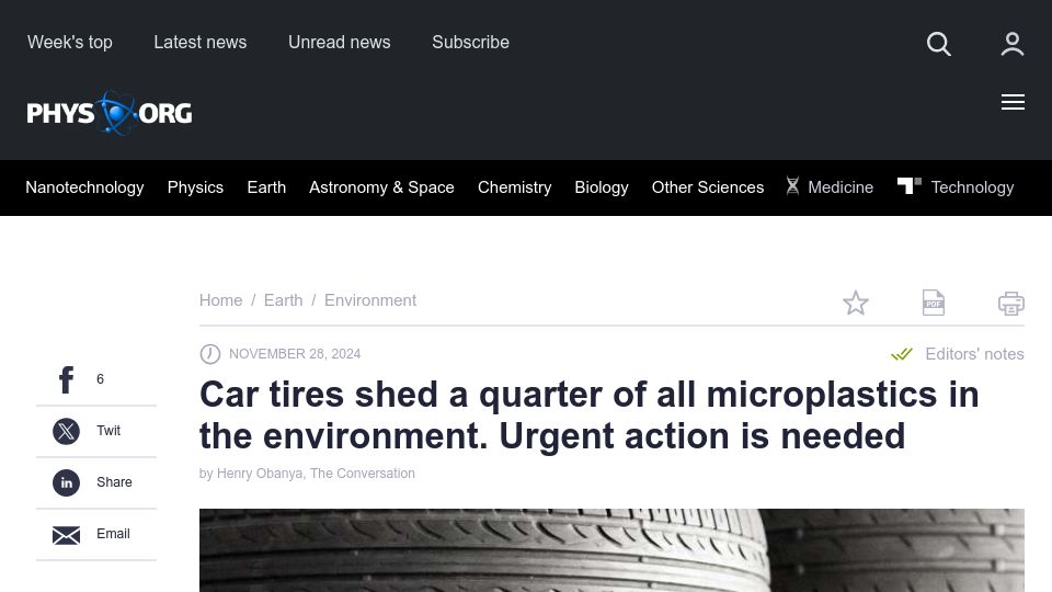 Screenshot of phys.org: Car tires shed a quarter of all microplastics in the environment