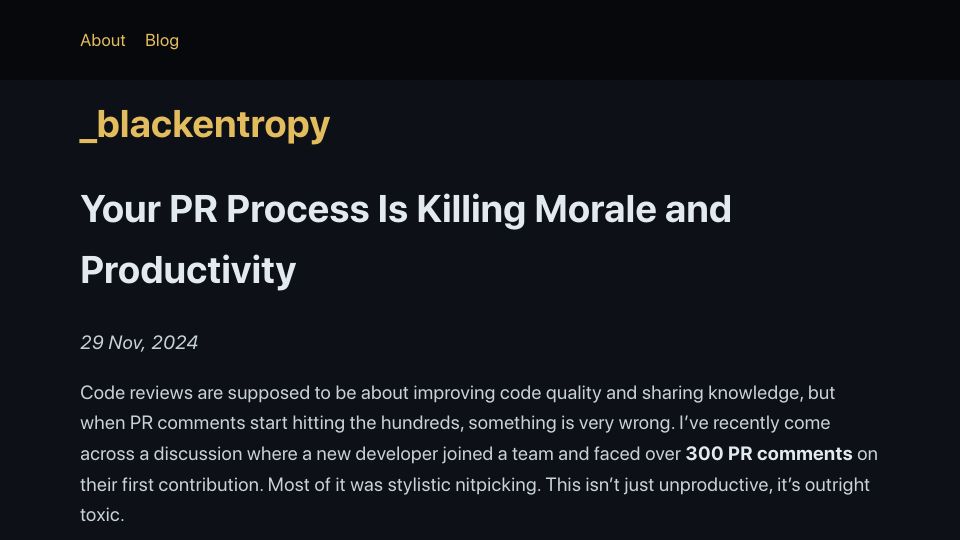 Screenshot of blackentropy.com: PR process killing morale and productivity