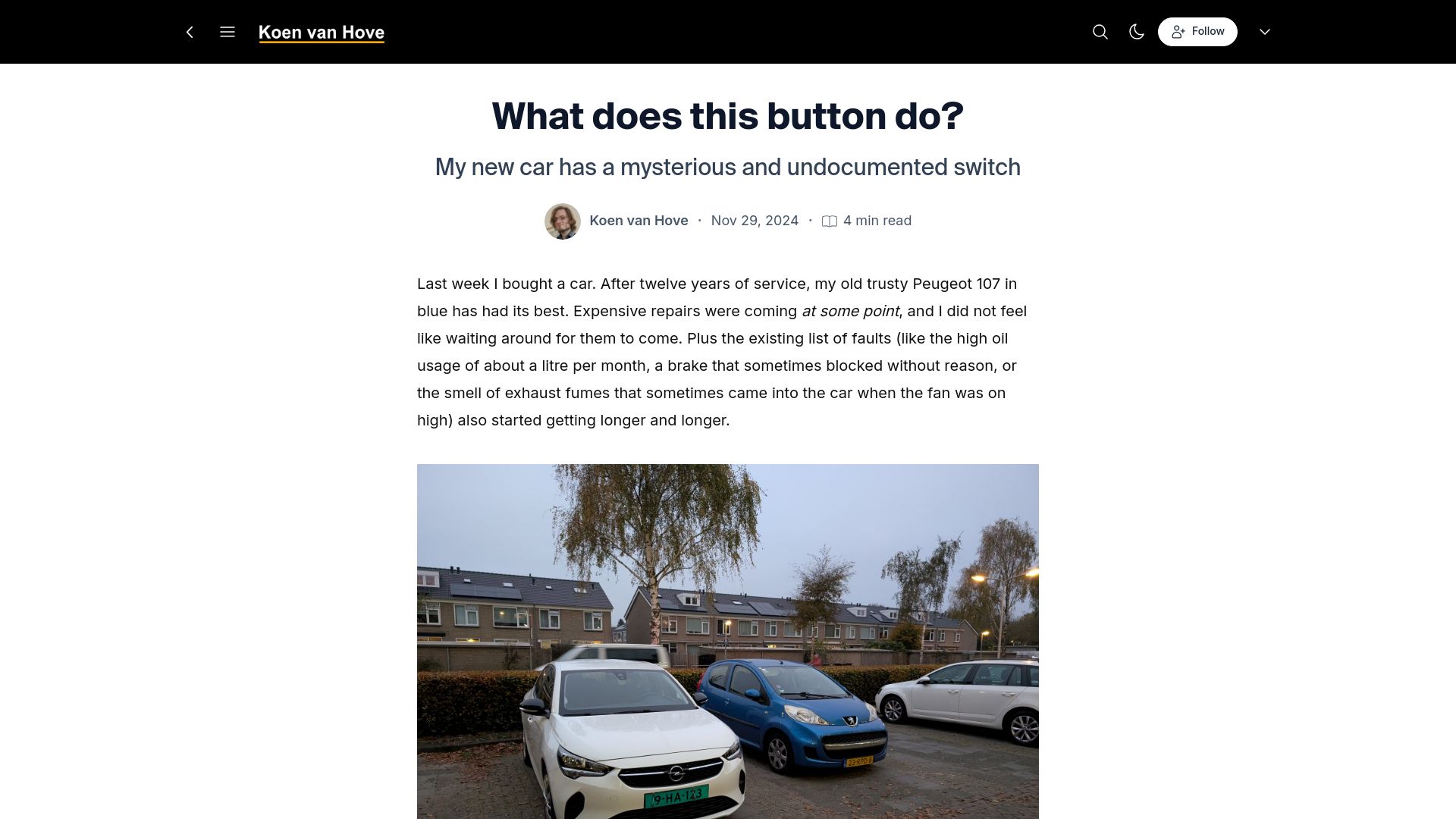 Screenshot of blog.koenvh.nl: What does this button do? – My new car has a mysterious and undocumented switch