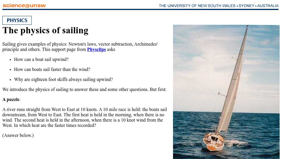 Screenshot of phys.unsw.edu.au: The Physics of Sailing (2003)