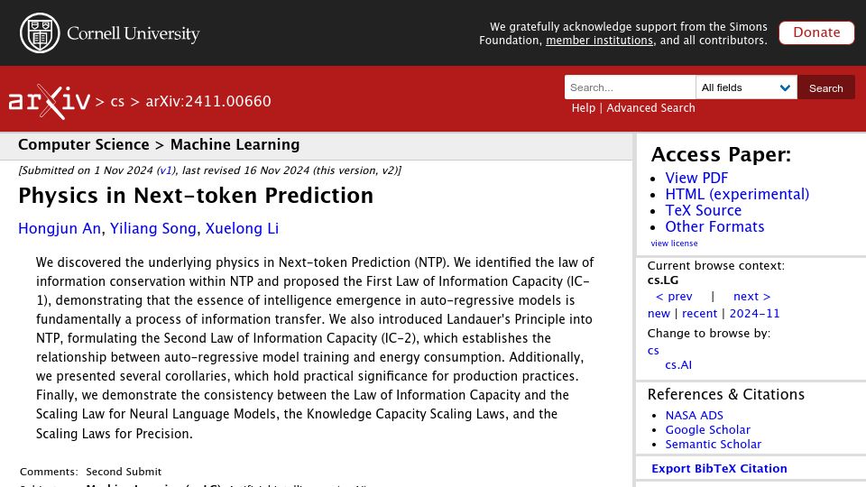 Screenshot of arxiv.org: Physics in Next-Token Prediction