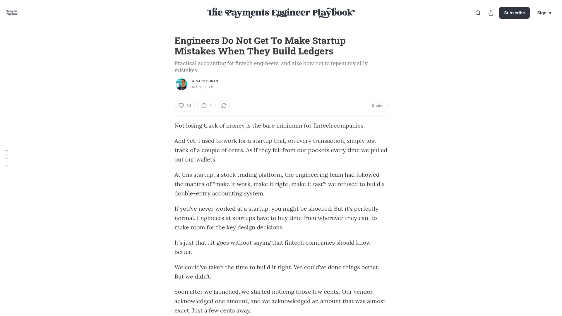 Screenshot of news.alvaroduran.com: Engineers do not get to make startup mistakes when they build ledgers