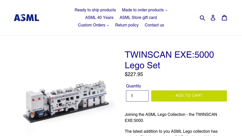 Screenshot of asmlstore.com: ASML Twinscan EXE:5000 Lego Set