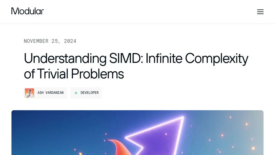 Screenshot of modular.com: Understanding SIMD: Infinite complexity of trivial problems
