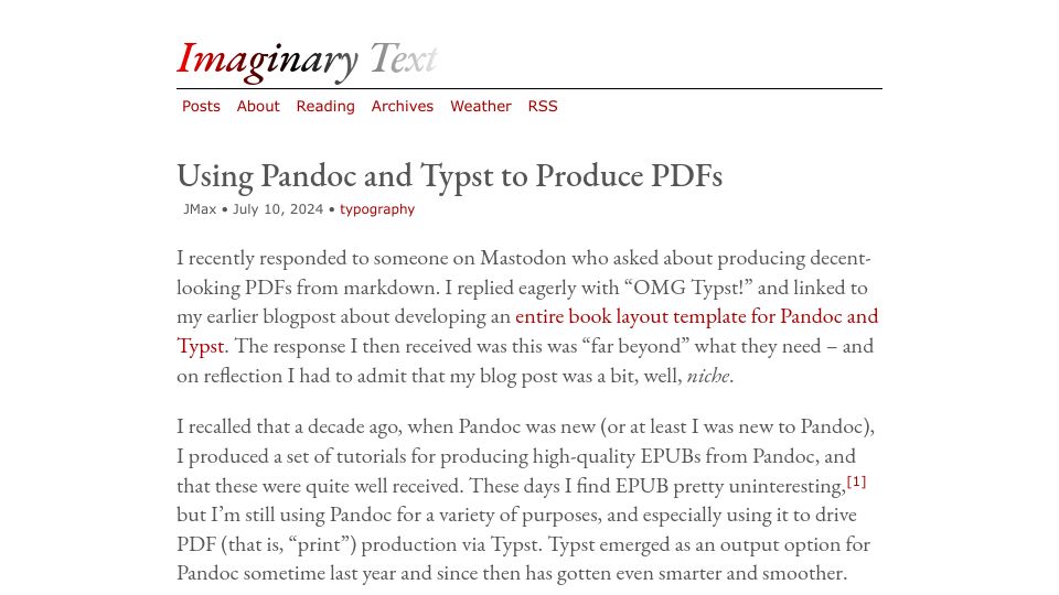 Screenshot of imaginarytext.ca: Using Pandoc and Typst to Produce PDFs