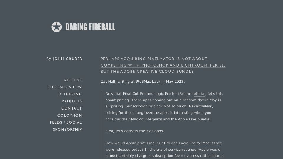 Screenshot of daringfireball.net: Perhaps acquiring Pixelmator is about competing with Creative Cloud