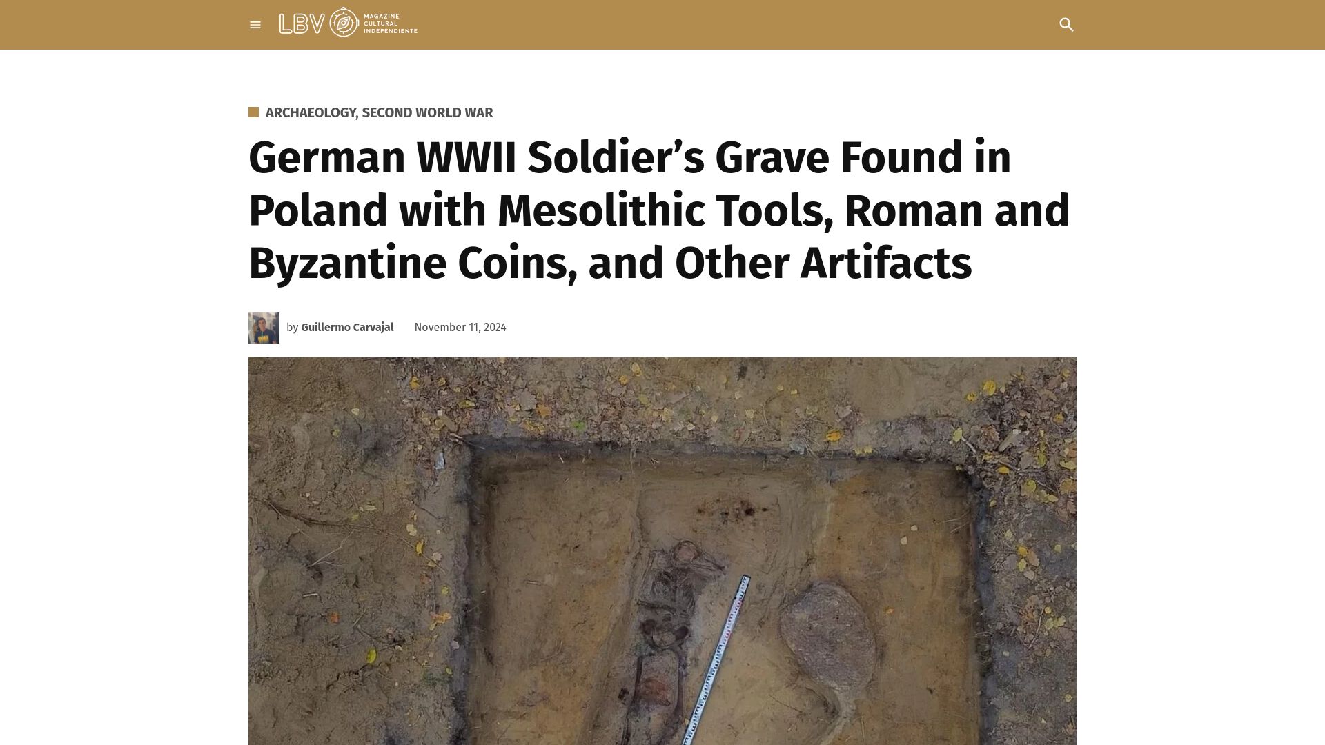 Screenshot of labrujulaverde.com: German WWII Soldier Grave Found with Mesolithic Tools, Roman and Byzantine Coins