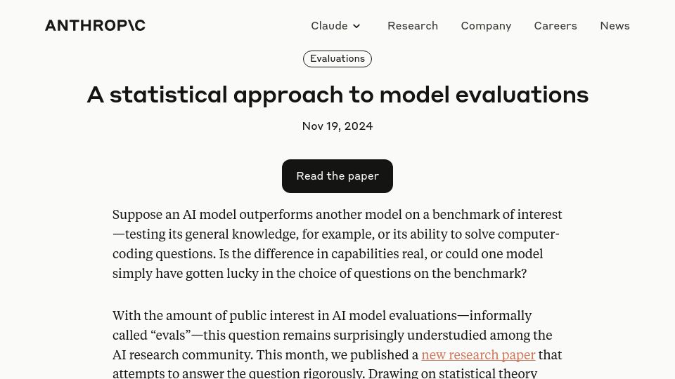 Screenshot of anthropic.com: A statistical approach to model evaluations