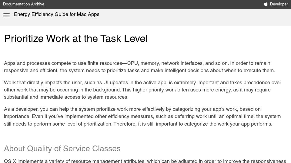 Screenshot of developer.apple.com: Prioritize work at the task level