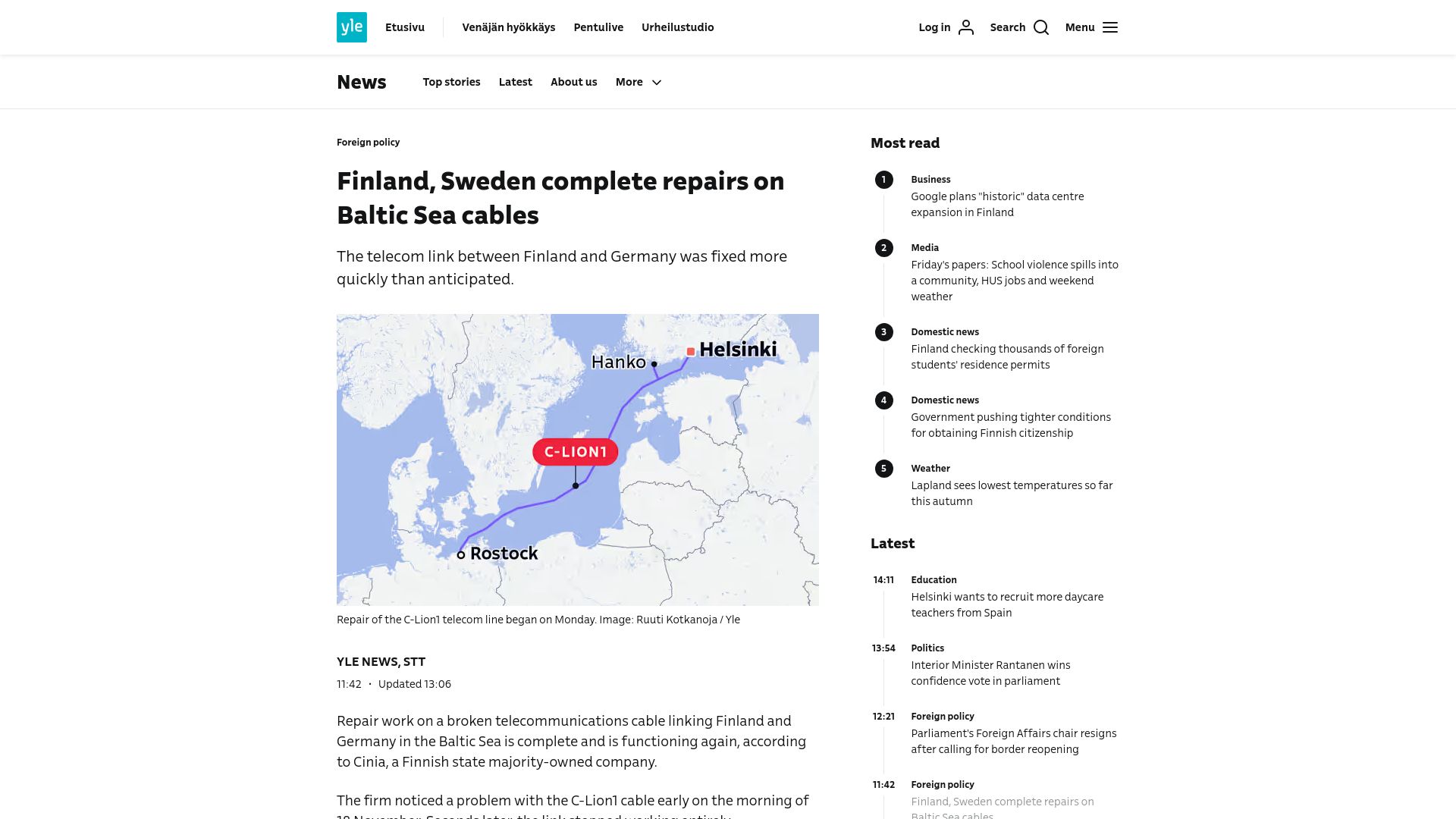 Screenshot of yle.fi: Finland, Sweden complete repairs on Baltic Sea cables