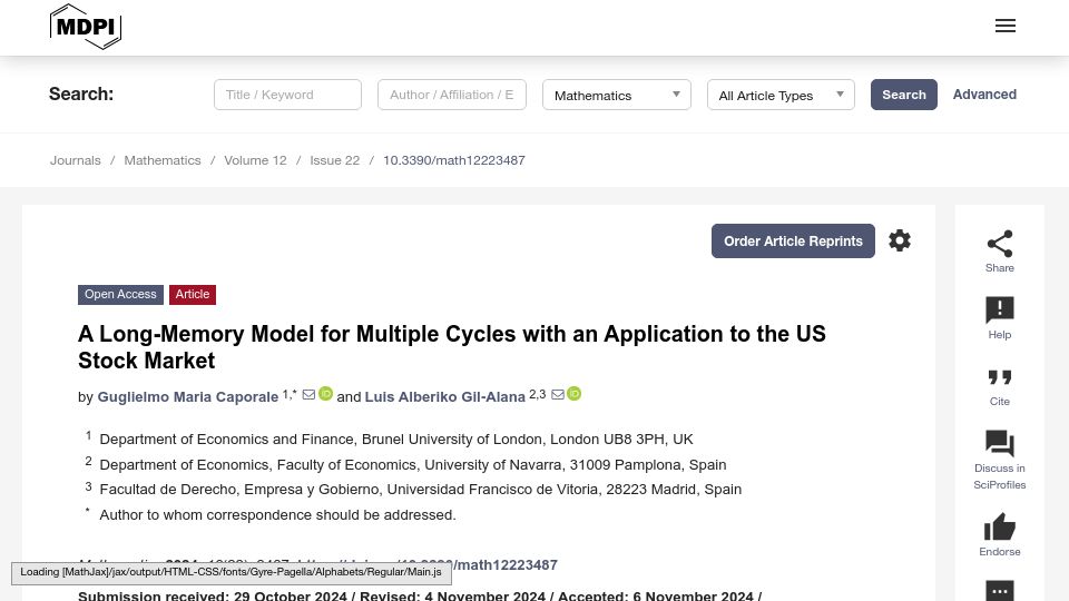 Screenshot of mdpi.com: A Long-Memory Model for Multiple Cycles with an Application to US Stocks