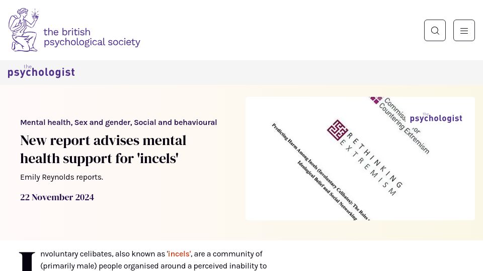 Screenshot of bps.org.uk: New report advises mental health support for 'incels'