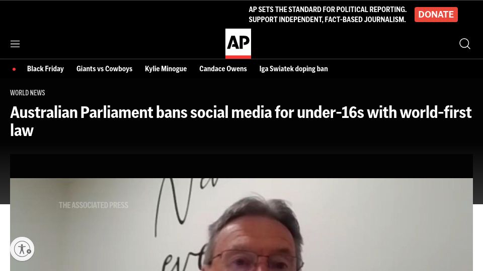 Screenshot of apnews.com: Australian Parliament bans social media for under-16s