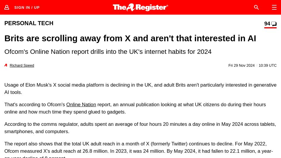 Screenshot of theregister.com: Brits are scrolling away from X and aren't that interested in AI
