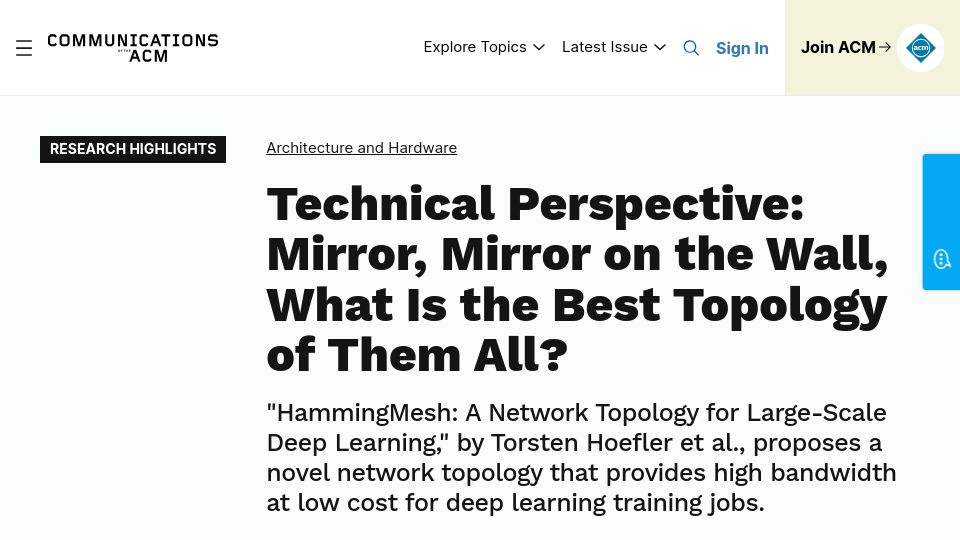Screenshot of cacm.acm.org: Mirror, Mirror on the Wall, What Is the Best Topology of Them All?