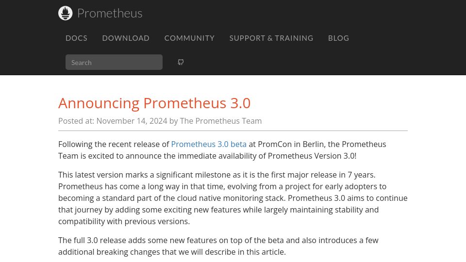 Screenshot of prometheus.io: Prometheus 3.0