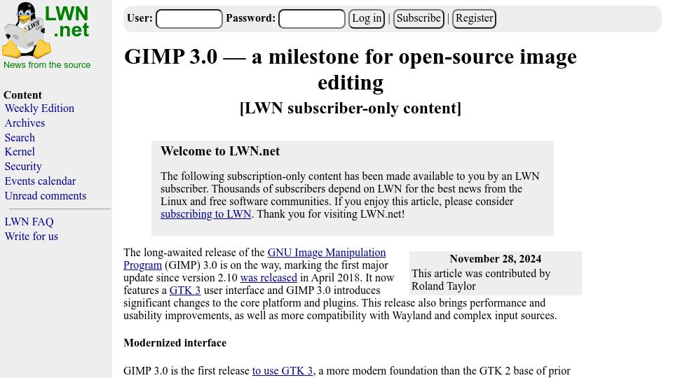 Screenshot of lwn.net: Gimp 3.0