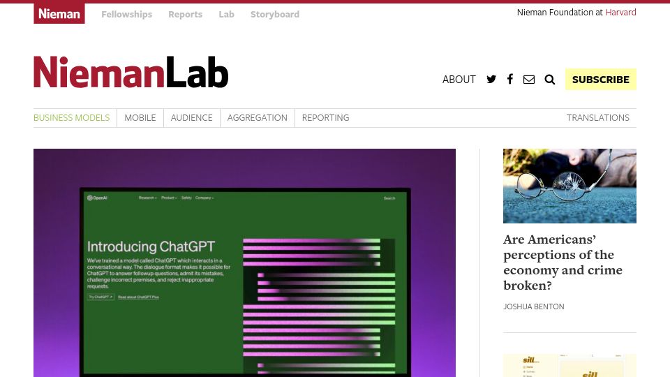 Screenshot of niemanlab.org: Core copyright violation moves ahead in The Intercept's lawsuit against OpenAI