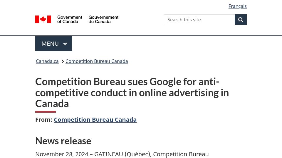 Screenshot of canada.ca: Canada Competition Bureau sues Google for anti-competitive conduct in online ads