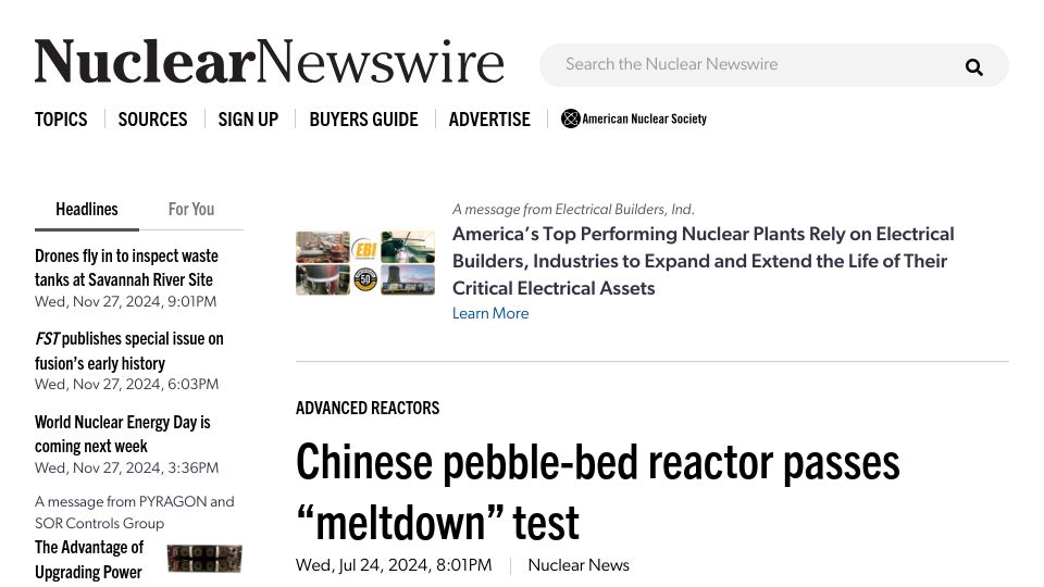 Screenshot of ans.org: Chinese pebble-bed nuclear reactor passes "meltdown" test