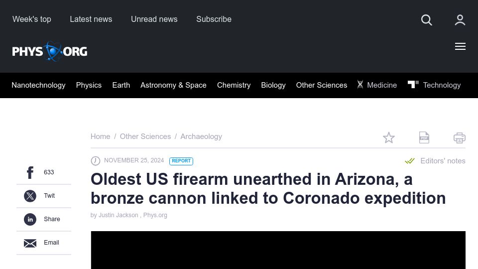 Screenshot of phys.org: Oldest US firearm unearthed in Arizona, a bronze cannon linked to Coronado