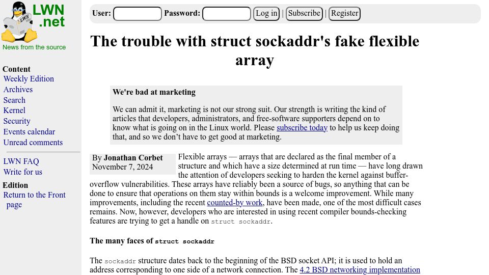 Screenshot of lwn.net: The trouble with struct sockaddr's fake flexible array