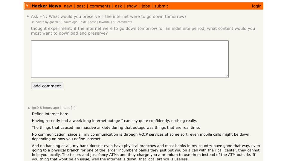 Screenshot of Hacker News post: Ask HN: What would you preserve if the internet were to go down tomorrow?