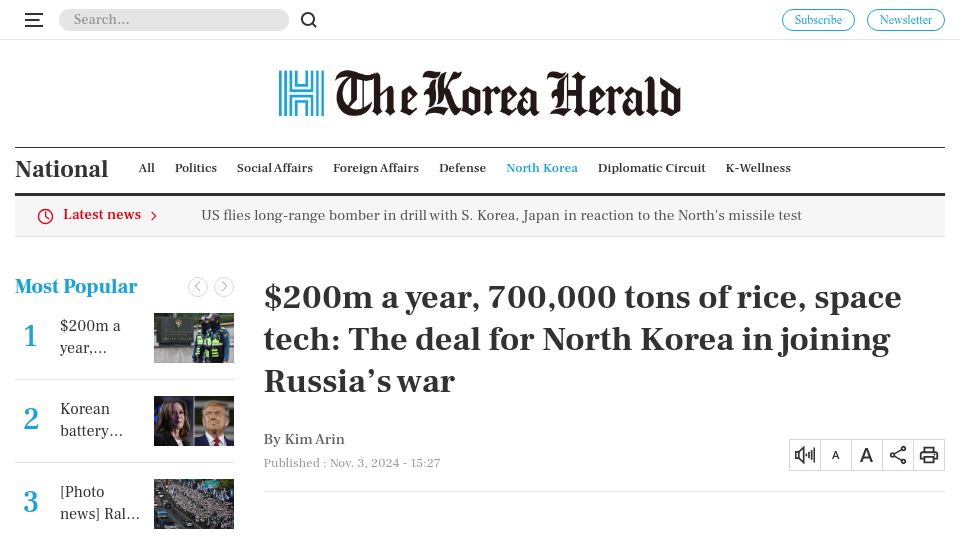 Screenshot of koreaherald.com: $200M a year, 700k tons of rice, space tech: deal for North Korea in joining war