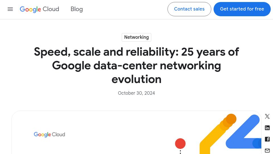 Screenshot of cloud.google.com: Speed, scale and reliability: 25 years of Google datacenter networking evolution