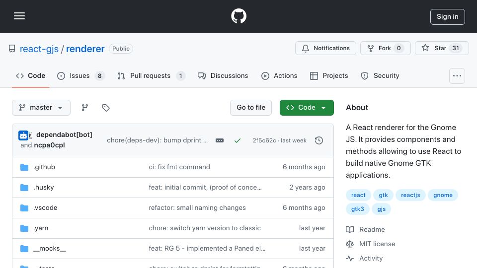 Screenshot of github.com: A React Renderer for Gnome JavaScript
