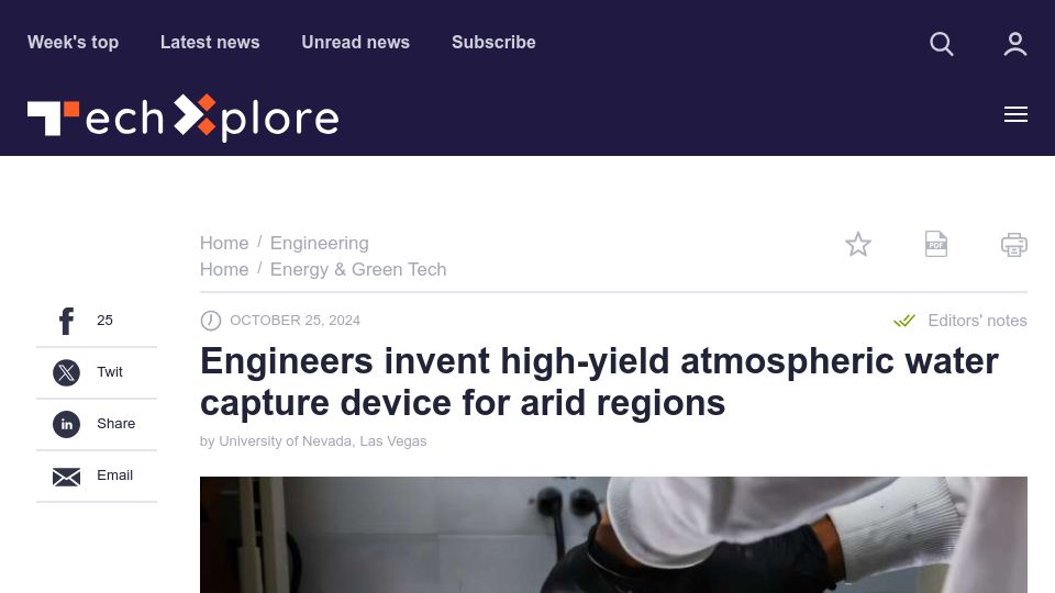 Screenshot of techxplore.com: Engineers invent high-yield atmospheric water capture device for arid regions