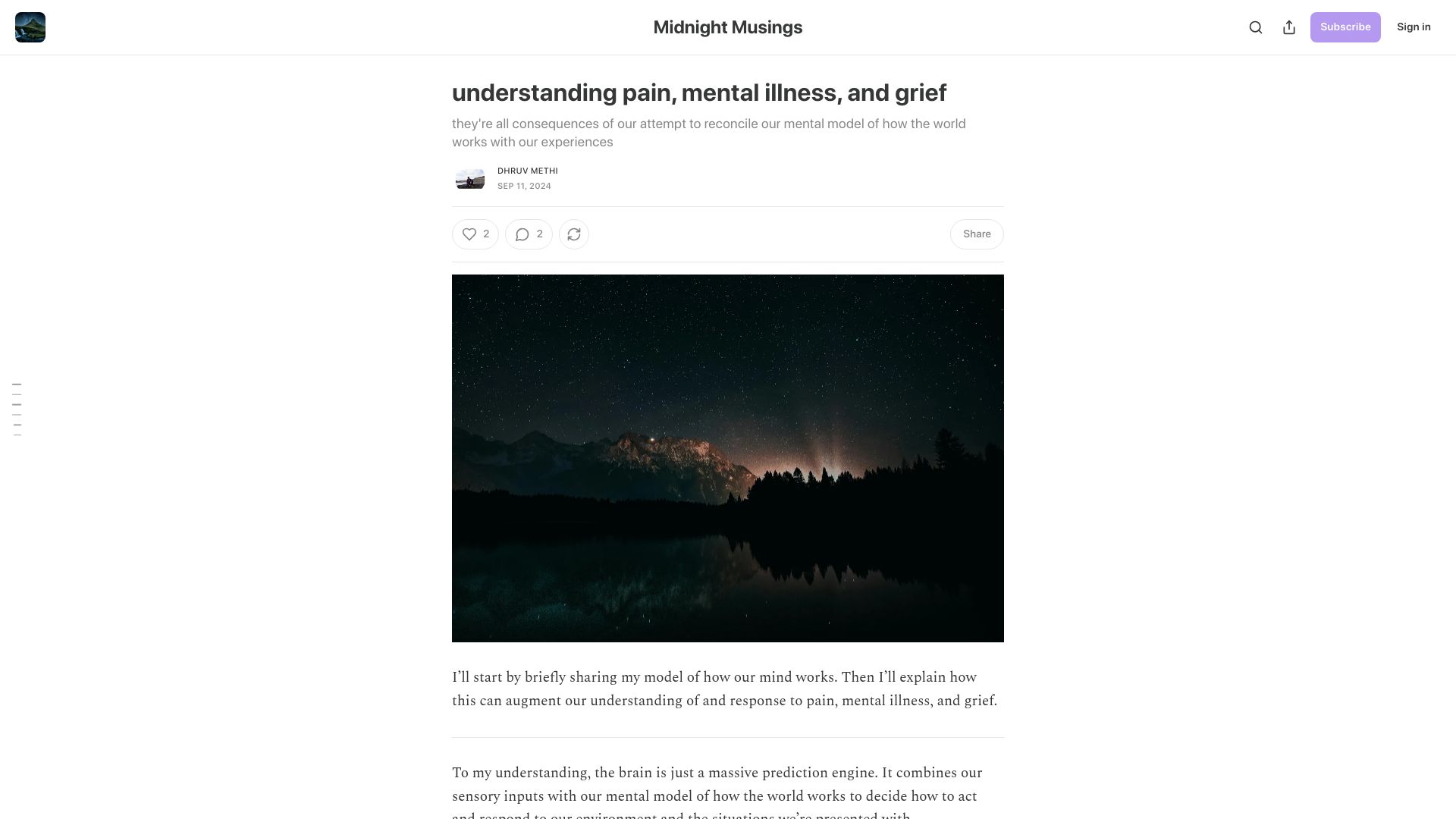 Screenshot of dhruvmethi.substack.com: Understanding pain, mental illness, and grief
