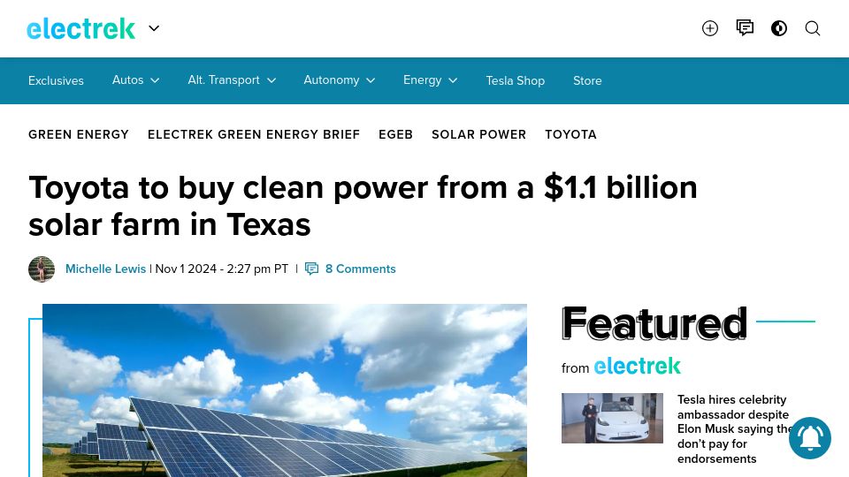 Screenshot of electrek.co: Toyota to buy clean power from a $1.1B solar farm in Texas