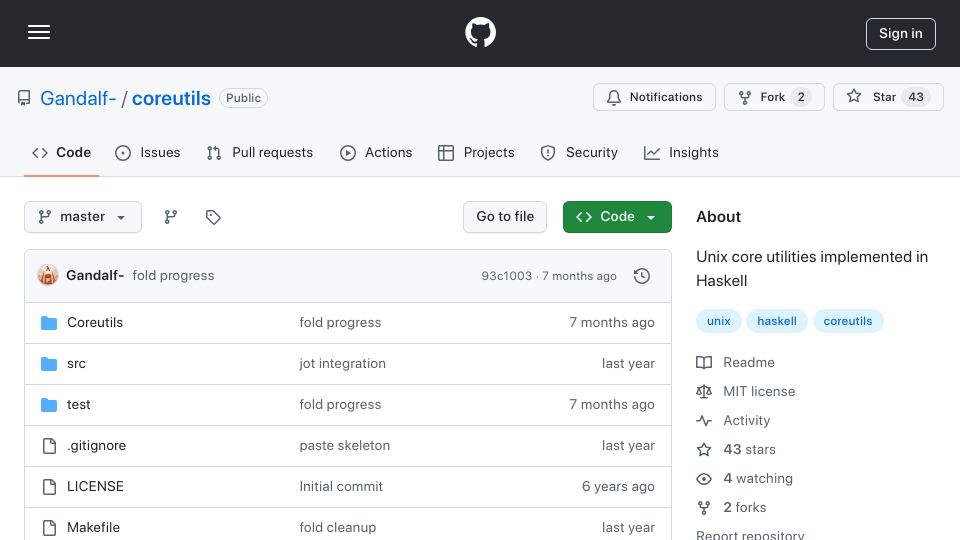 Screenshot of github.com: Unix core utilities implemented in Haskell