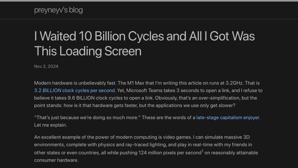 Screenshot of blog.preyneyv.dev: I Waited 10B Cycles and All I Got Was This Loading Screen